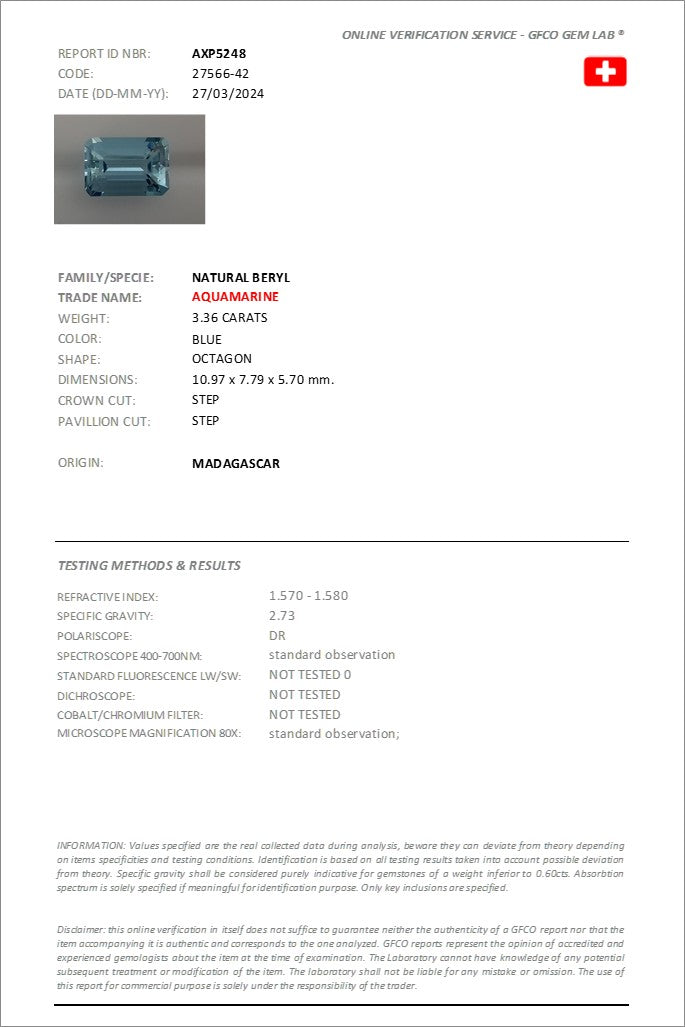 10.97x7.79mm Octagonal Madagascan Aqua - Certificated (AQE007)