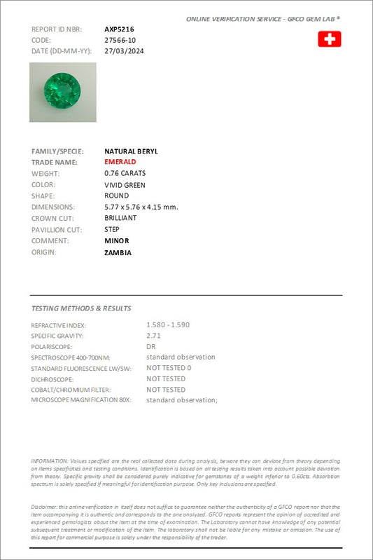 5.77-5.76mm Round Zambian Emerald - Certificated (EMR022)