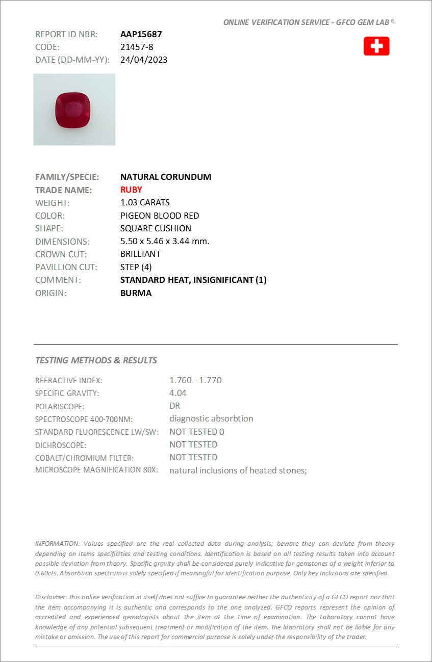 5.50x5.46mm Cushion Burmese Ruby - Certificated (RUCU55B)