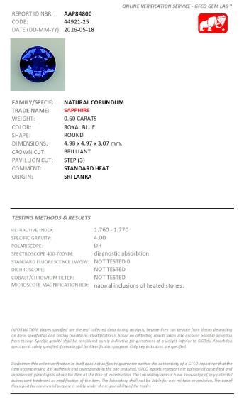 4.98mm Round Ceylon Sapphire Certificated (SACR038)