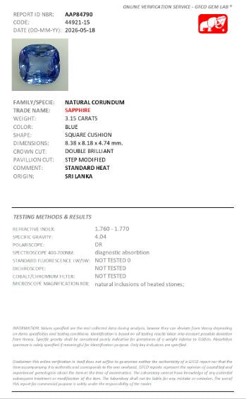 8.38x8.18mm Cushion Ceylon Sapphire - Certificated (SACU007)