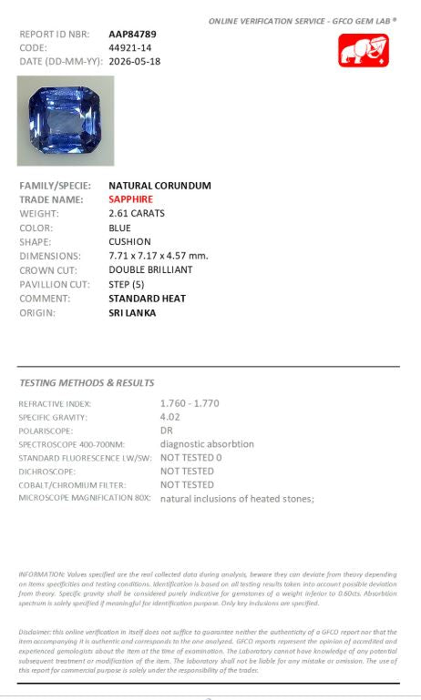 7.71x7.17mm Cushion Ceylon Sapphire - Certificated (SACU009)
