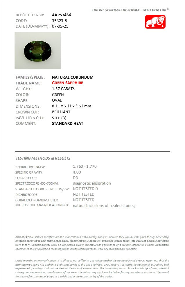 8.11x6.11mm Oval Green Sapphire Certificated (SAGV011)