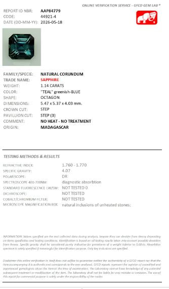 5.47x5.37mm Octagonal Teal Sapphire - Certificated (SATE008)