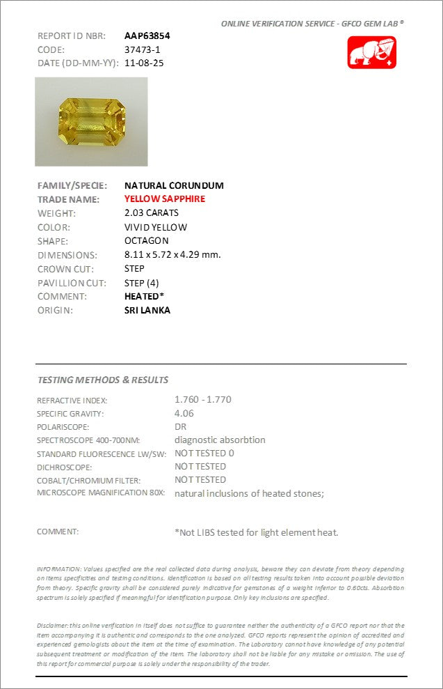 8.11x5.72mm Octagonal Yellow Sapphire - Certificated (SAYE86A)