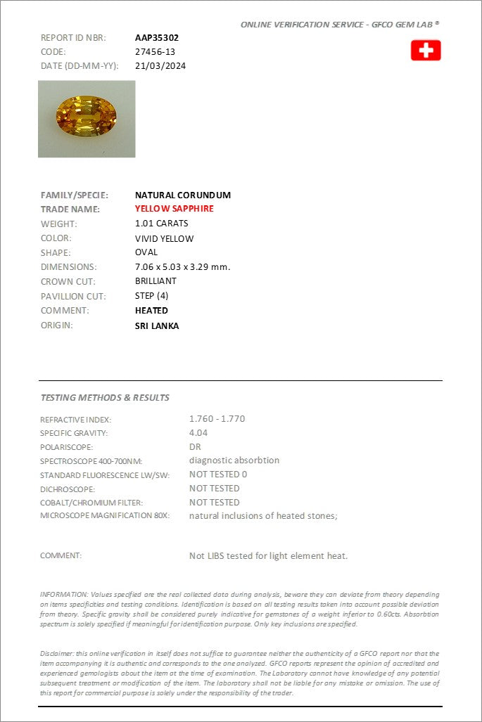 7x5mm Oval Yellow Sapphire Certificated 1.01ct (SAYV007)