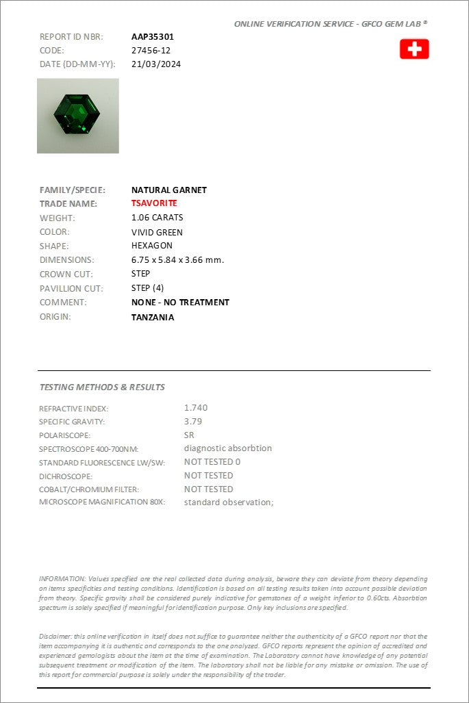 [SOLD] 6.75x5.84mm Hexagonal Tsavorite Garnet Certificated (TSHX001)