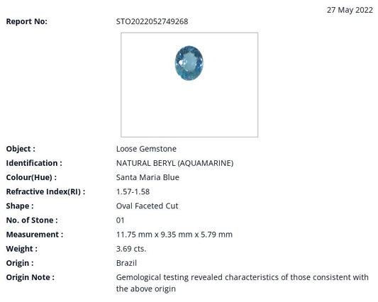 [SOLD] 11.75x9.35mm Oval 'Santa-Maria' Aqua Certificated (AQV012)