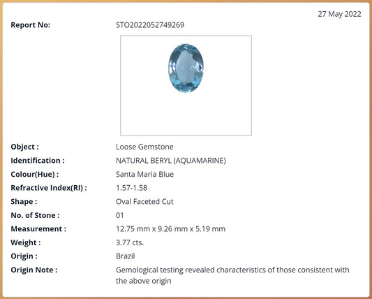 [SOLD] 12.75x9.26mm Oval Aqua Certificated (AQV013)