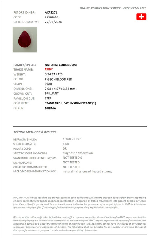 7.08x4.97mm Pear-Shaped Burmese Certificated Ruby (RUP002)