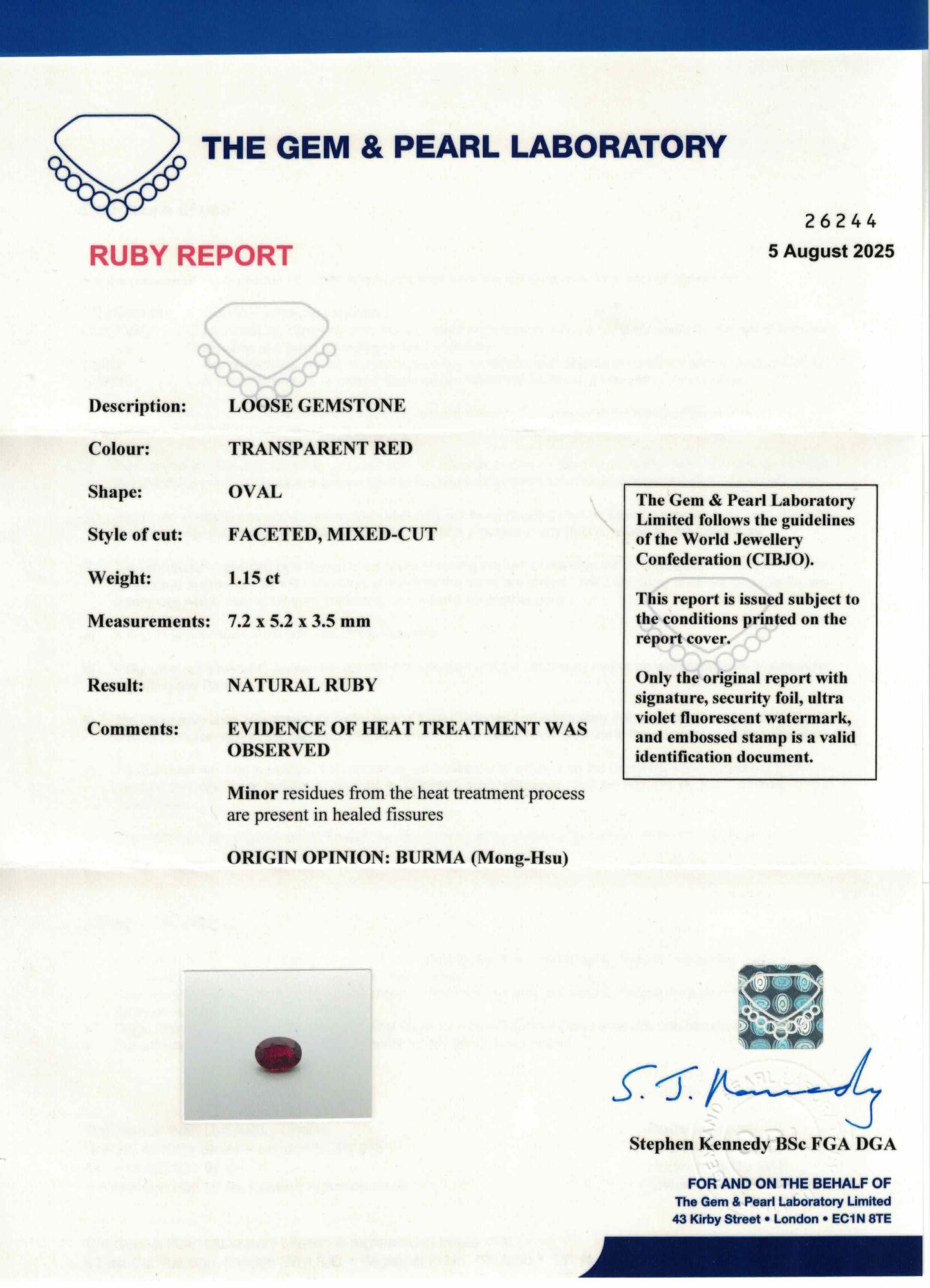 7.26x5.20mm Oval Burmese Ruby - Certificated (RUV75AAX)