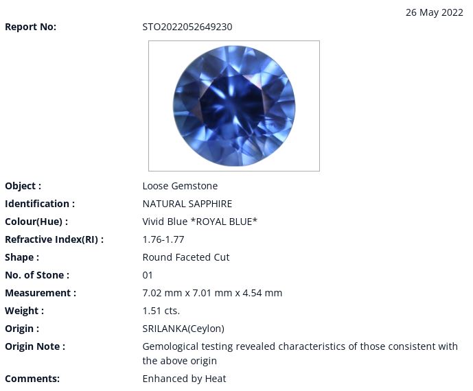 7.02mm Round Ceylon Sapphire Certificated (SACR700MF)