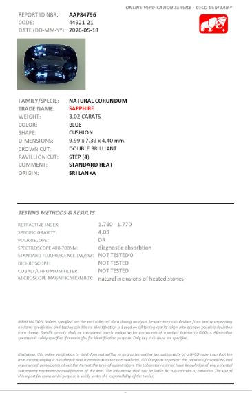 9.99x7.39mm Cushion Ceylon Sapphire - Certificated (SACU029)