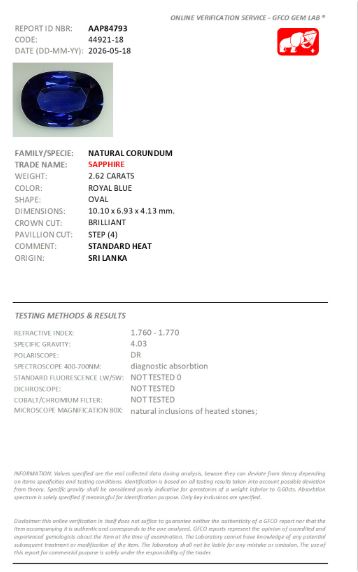 10.10x6.93mm Oval Ceylon Sapphire - Certificated (SACV026)