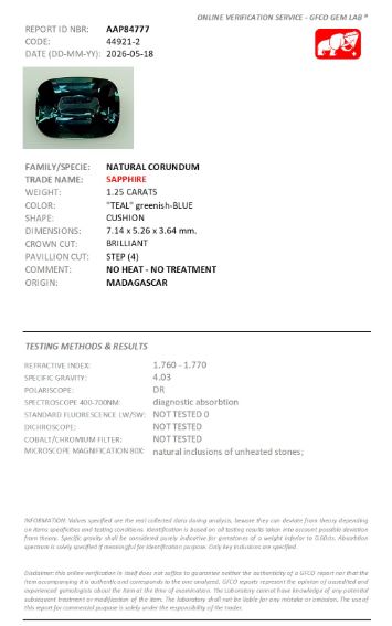 7.14x5.26mm Cushion Teal Sapphire Certificated (SATC004)