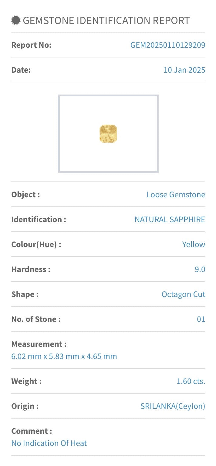 [SOLD] 6.02x5.83mm Octagonal No-Heat Yellow Sapphire - Certificated (SAYE004)