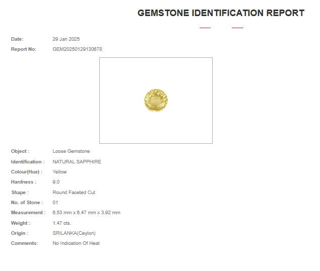 6.53x6.47mm Round Unheated Yellow Sapphire - Certificated (SAYR002)