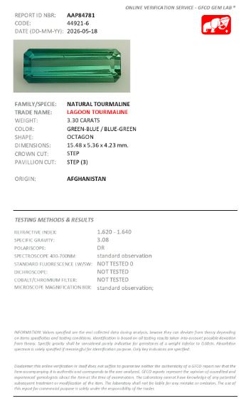 15.48x5.36mm Octagonal Lagoon Tourmaline - Certificated (TOGE006)